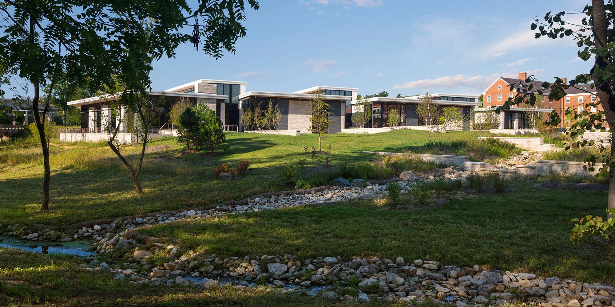 IBI Group design exterior stone wall finishes in landscape architecture of Miami University Ohio Western Campus Dining Hall